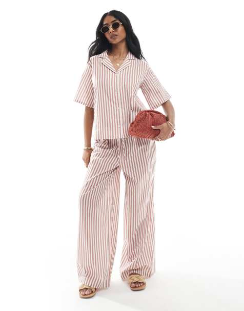 Wednesday's Girl linen wide leg striped trouser co-ord in tan