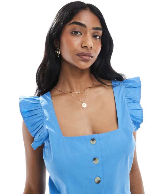 Wednesday's Girl – Jasnoniebieska sukienka mini z guzikami i falbankami przy rękawach, 4 z 4