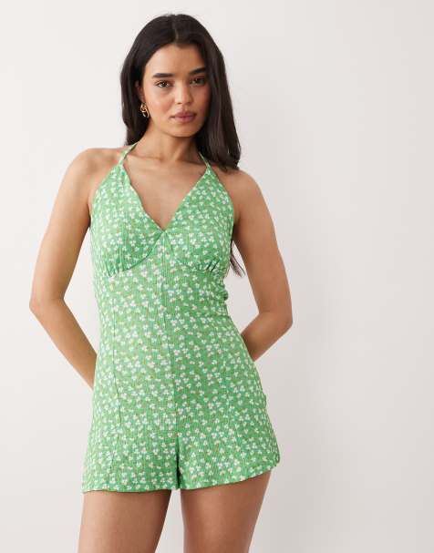 Wednesdays Girl jersey halter neck playsuit in green floral - view 1