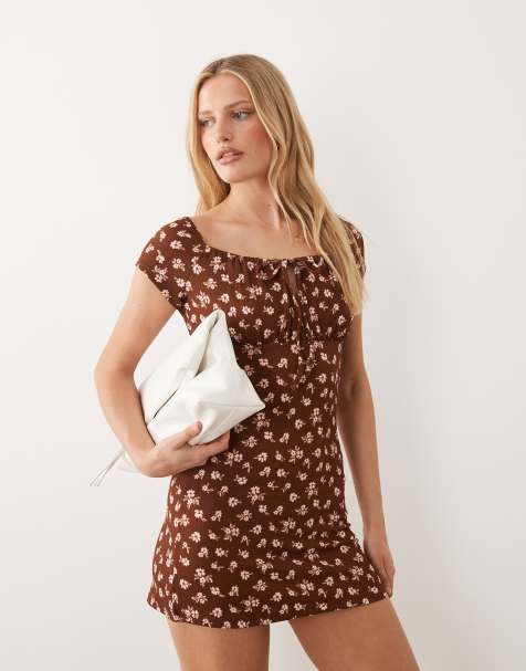 Wednesdays Girl jersey milkmaid short sleeve mini dress in brown pink floral - view 1