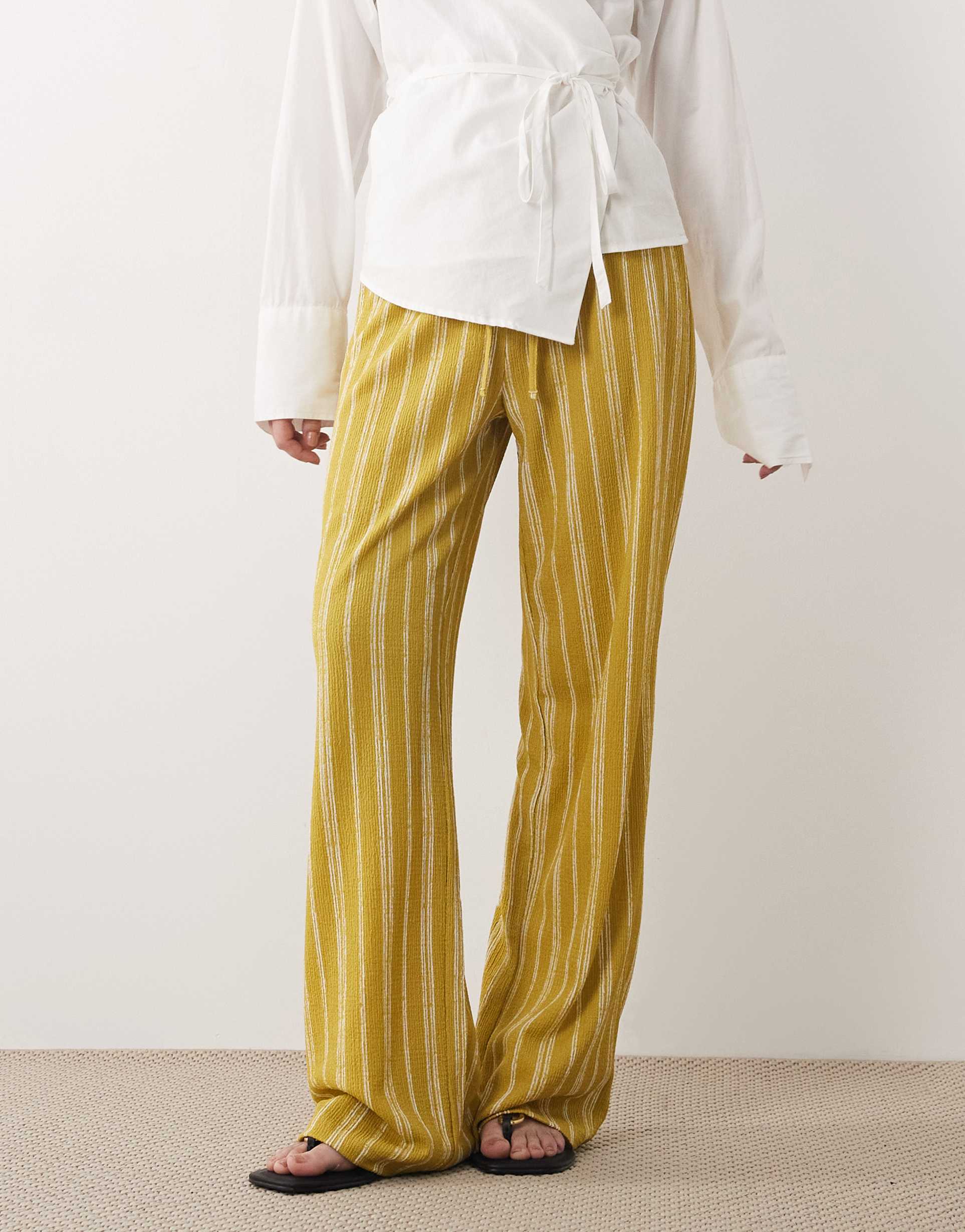 wednesday's girl jersey tie waist wide leg pants in chartreuse stripe