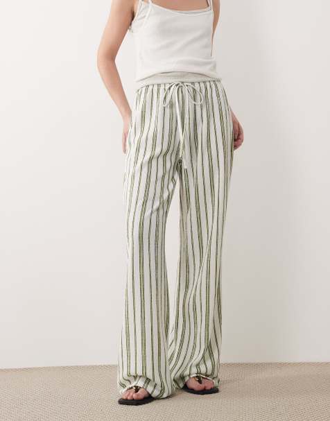 Wednesdays Girl jersey tie waist wide leg trouser in green stripe - view 1