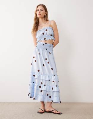 Jupe d'ensemble longueur mollet à pois et volants étagés - Bleu/marron M
