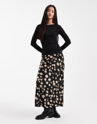 Jupe longueur mollet en satin imprimé flou - Noir-Multicolore S