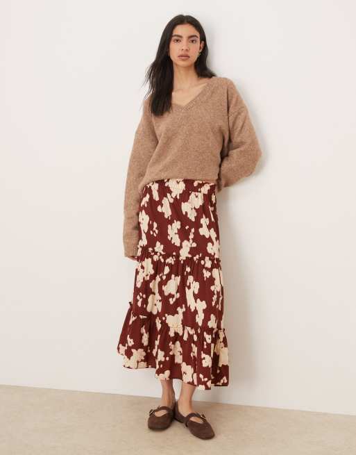 Wednesday's Girl - Jupe mi-longue et fluide à volants étagés - Marron 