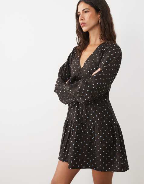 Wednesday's Girl jurk met lange mouwen en smok in bruin met polkadot - view 1