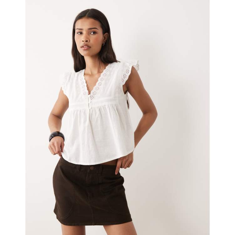 Wednesday's Girl lace detail short sleeve blouse in white | ASOS