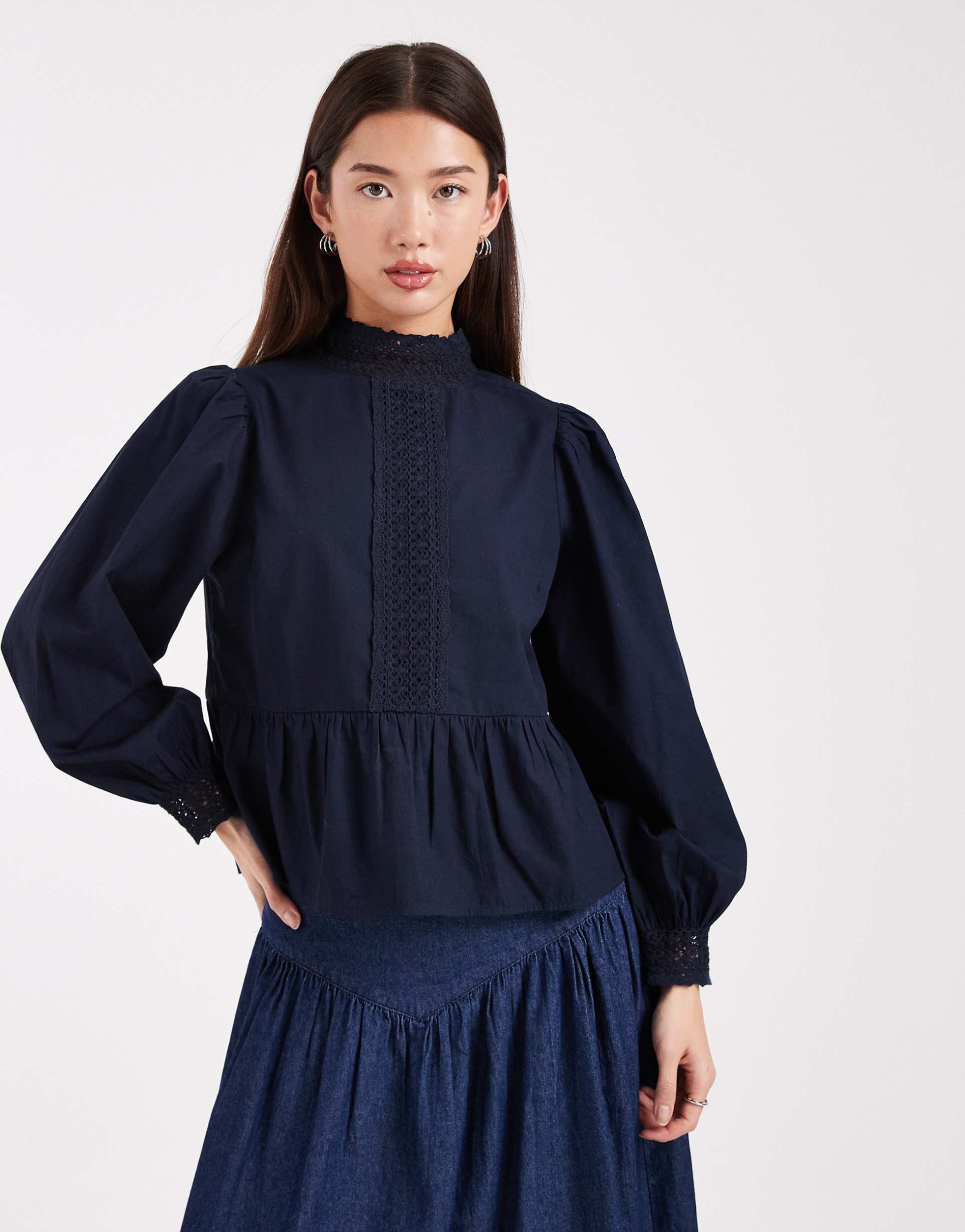 wednesday's girl lace detailed long sleeve top in navy