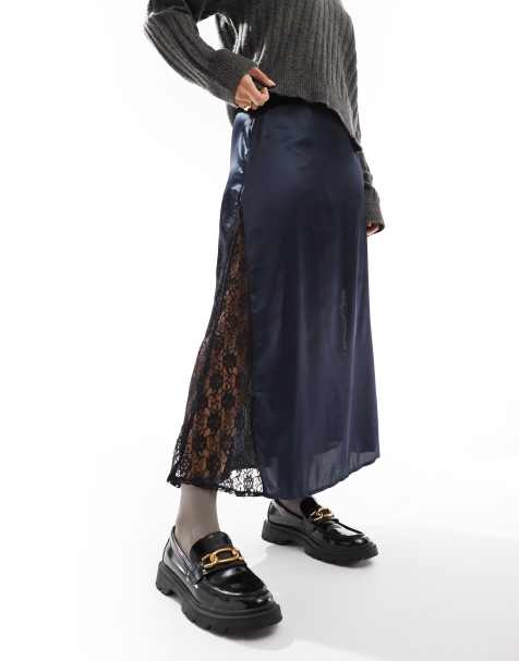 Wednesday's Girl lace insert satin maxi skirt in navy - view 1