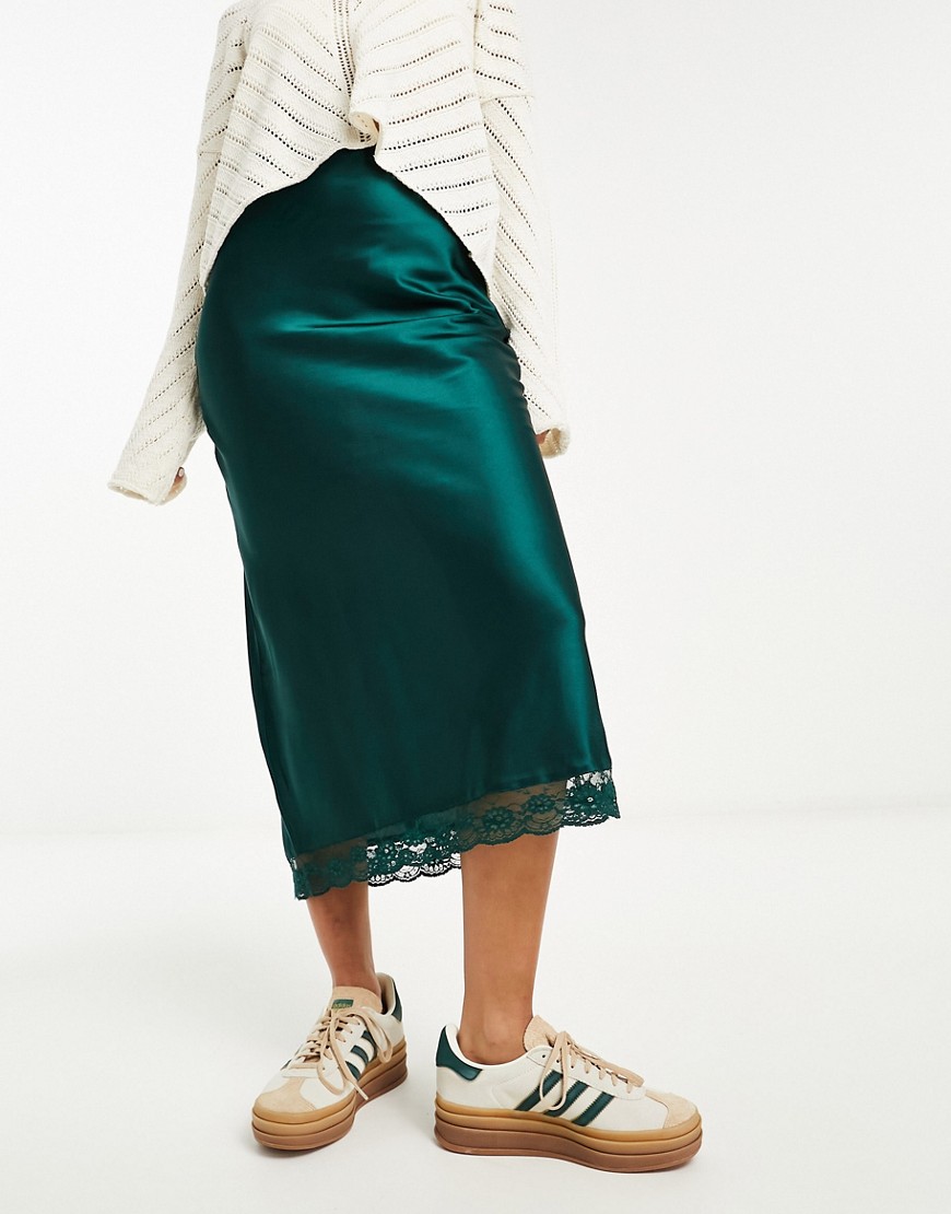Wednesday’s Girl lace trim midaxi skirt in teal green