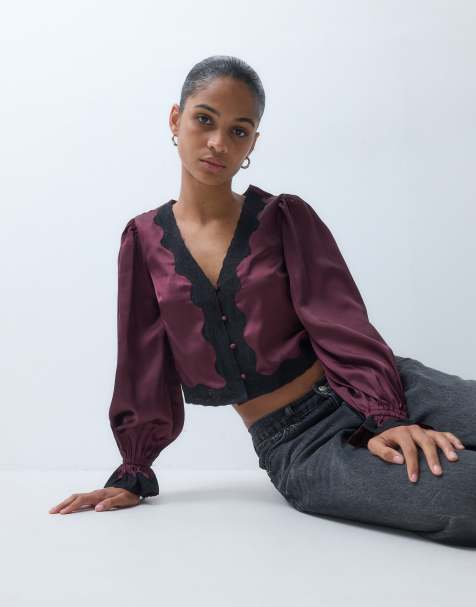 Wednesday's Girl lace trim satin blouse in burgundy