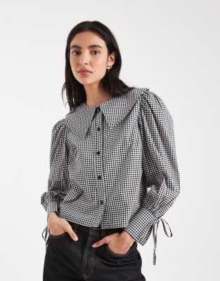 Wednesday's Girl - Langärmlige, karierte Oversize-Bluse in Grau mit Kragen