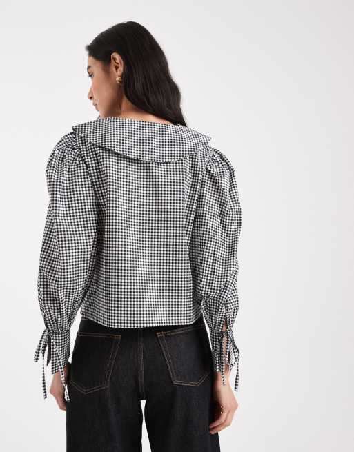 Wednesday's Girl – Langärmlige, karierte Oversize-Bluse in Grau mit Kragen, 2 von 4