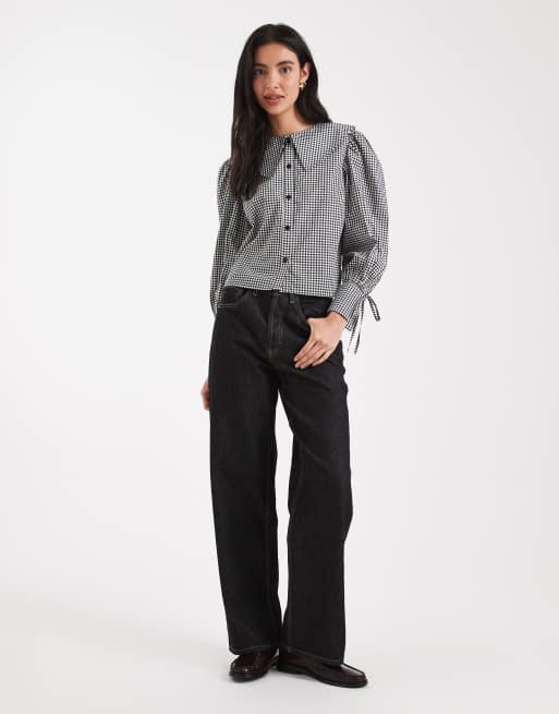 Wednesday's Girl – Langärmlige, karierte Oversize-Bluse in Grau mit Kragen, 4 von 4