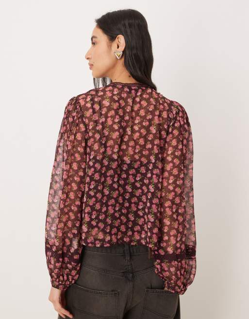 Wednesday's Girl – Langärmlige, luftige Bluse mit rosa Blumenmuster, 2 von 4