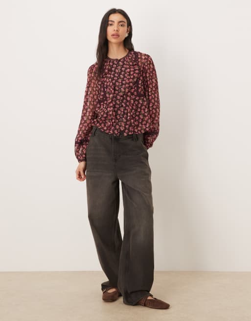 Wednesday's Girl – Langärmlige, luftige Bluse mit rosa Blumenmuster, 3 von 4