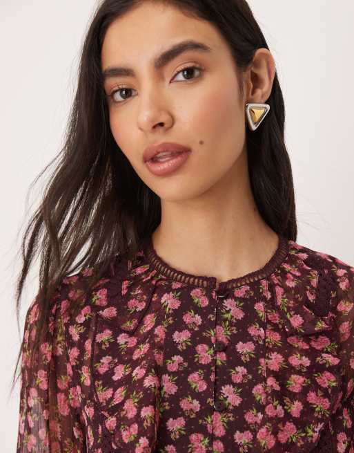 Wednesday's Girl – Langärmlige, luftige Bluse mit rosa Blumenmuster, 4 von 4