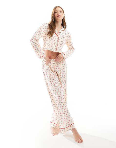 Wednesday's Girl – Langärmliger Pyjama in Cremeweiß und Rot mit Schleifenmuster - view 1