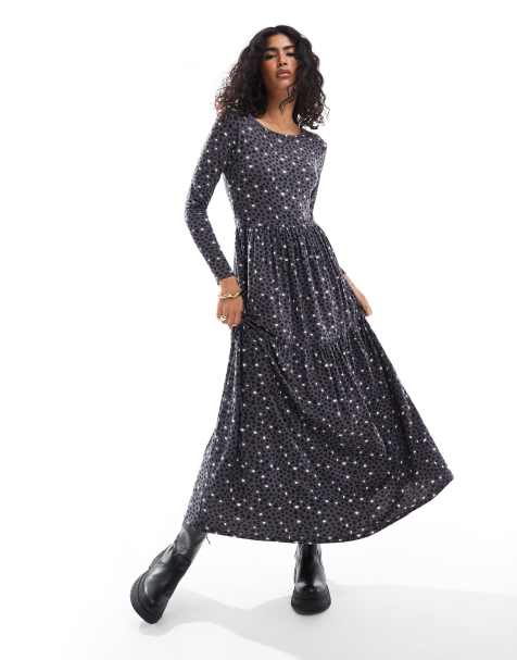 Wednesday's Girl – Langärmliges Midaxi-Kleid in Blau mit verwischtem Punktemuster in Schwarz - view 1