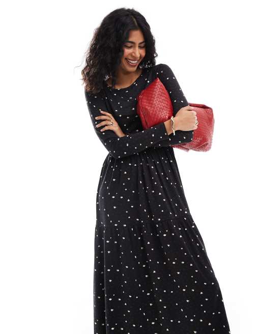 Wednesday's Girl – Langärmliges Midaxi-Kleid in Schwarz und Cremeweiß mit verwischtem Punktemuster