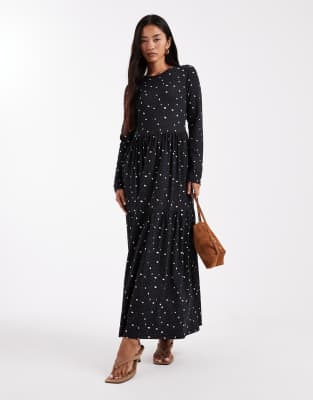 Wednesday's Girl - Langärmliges Midaxikleid in Marineblau mit verwischtem Punktemuster