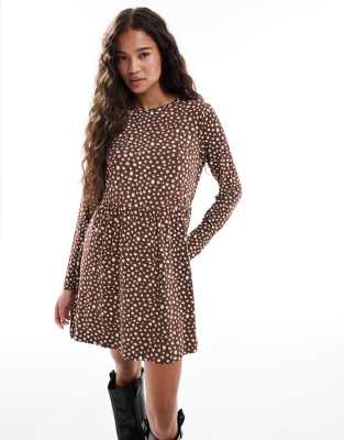 Wednesday's Girl - Langärmliges Minikleid in Braun mit verwischtem gelbem Punktemuster