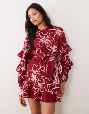 Wednesday's Girl - Langärmliges Minikleid in Feige mit Bindegürtel und Blumenmuster-Bunt