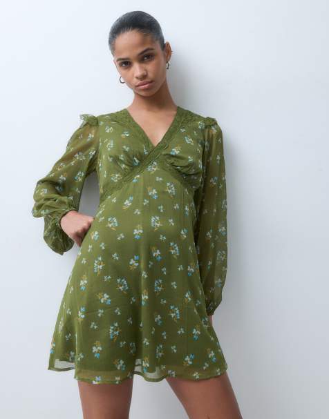 Wednesday's Girl langärmliges Minikleid in Khaki mit Blumenmuster - view 1