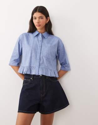 Langärmliges Oberteil aus Chambray in Blau mit Rüschenkante-Weiß Weiß XL