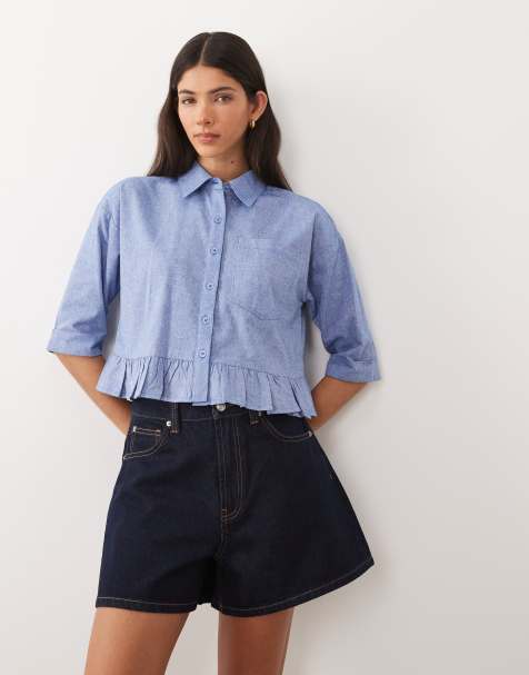 Wednesday's Girl – Langärmliges Oberteil aus Chambray in Blau mit Rüschenkante - view 1
