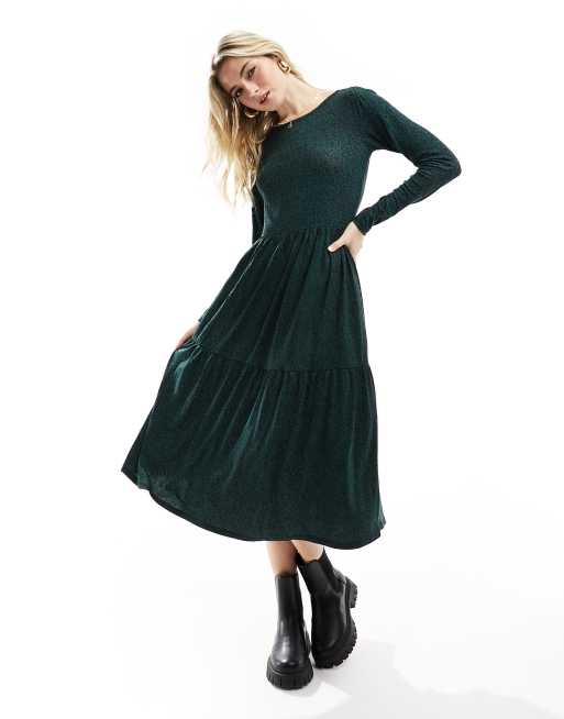 Wednesday's Girl – Langärmliges, wadenlanges Kleid in Blaugrün mit verwischtem Punktemuster