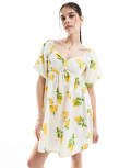 [Wednesday's Girl] Wednesday's Girl lemon print mini smock dress in white S White/Yellow