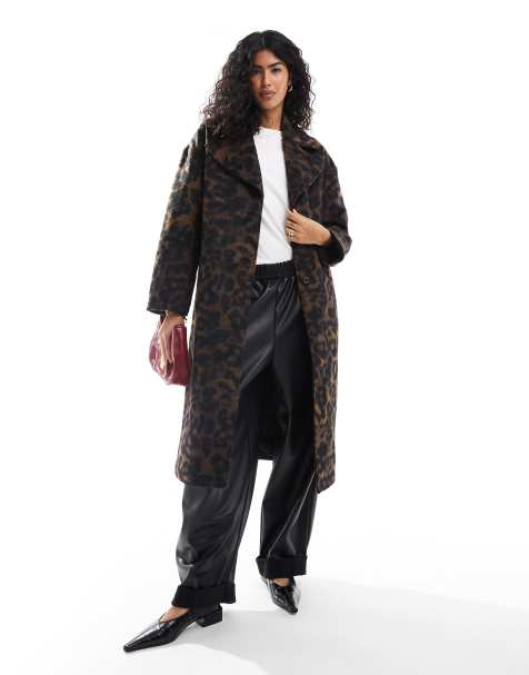 Wednesday's Girl leopard print cocoon coat in dark brown - view 1