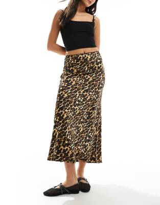 Wednesday's Girl leopard satin midaxi skirt in tan-Brown