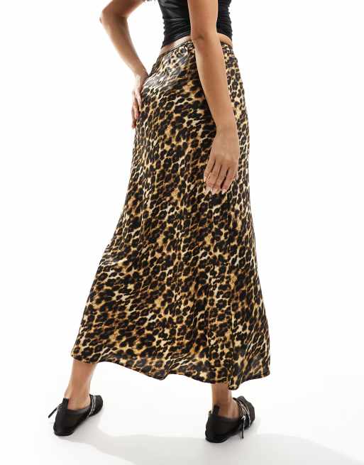 Wednesday s Girl leopard satin midaxi skirt in tan