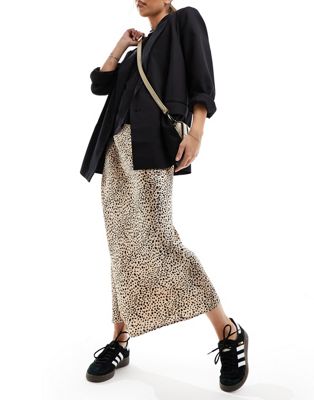 Wednesday's Girl leopard spot satin midaxi skirt in gold and black