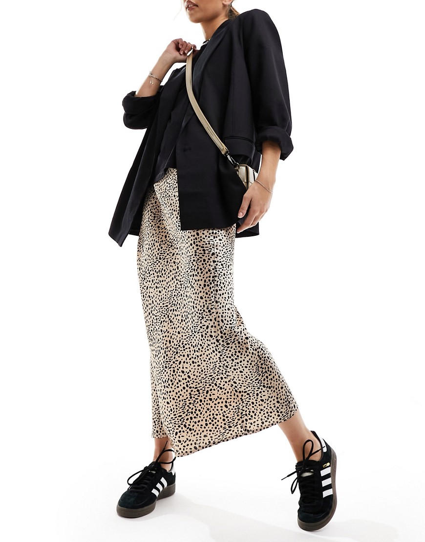 Wednesday’s Girl leopard spot satin midaxi skirt in gold and black