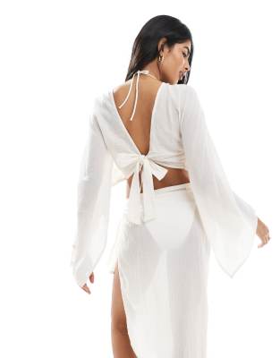 Wednesday's Girl Wednesday's Girl linen angel sleeve beach top co-ord in ivory-White
