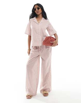 linen mix wide leg pants in tan stripes - part of a set-Brown