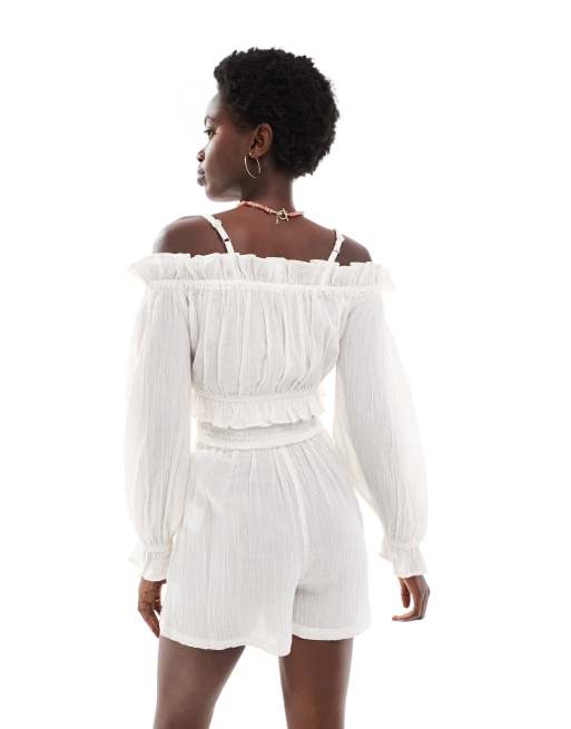 Wednesday's Girl linen smocked beach playsuit in ivory, 4 of 4