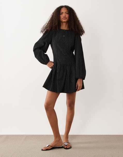 Wednesday's Girl long sleeve button down smock dress in black polka dot - view 1