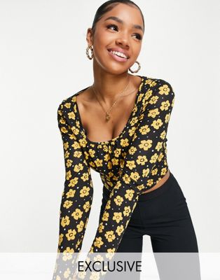 Wednesday's Girl long sleeve crop top with ruched bust in yellow floral