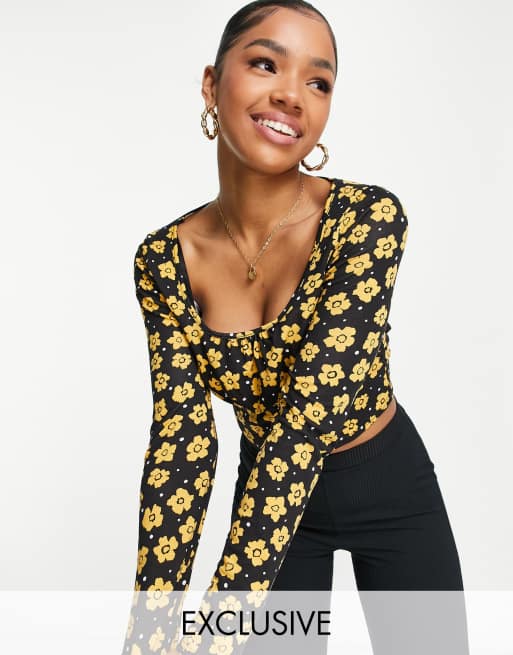 Wednesday's Girl long sleeve crop top with ruched bust in yellow floral ...