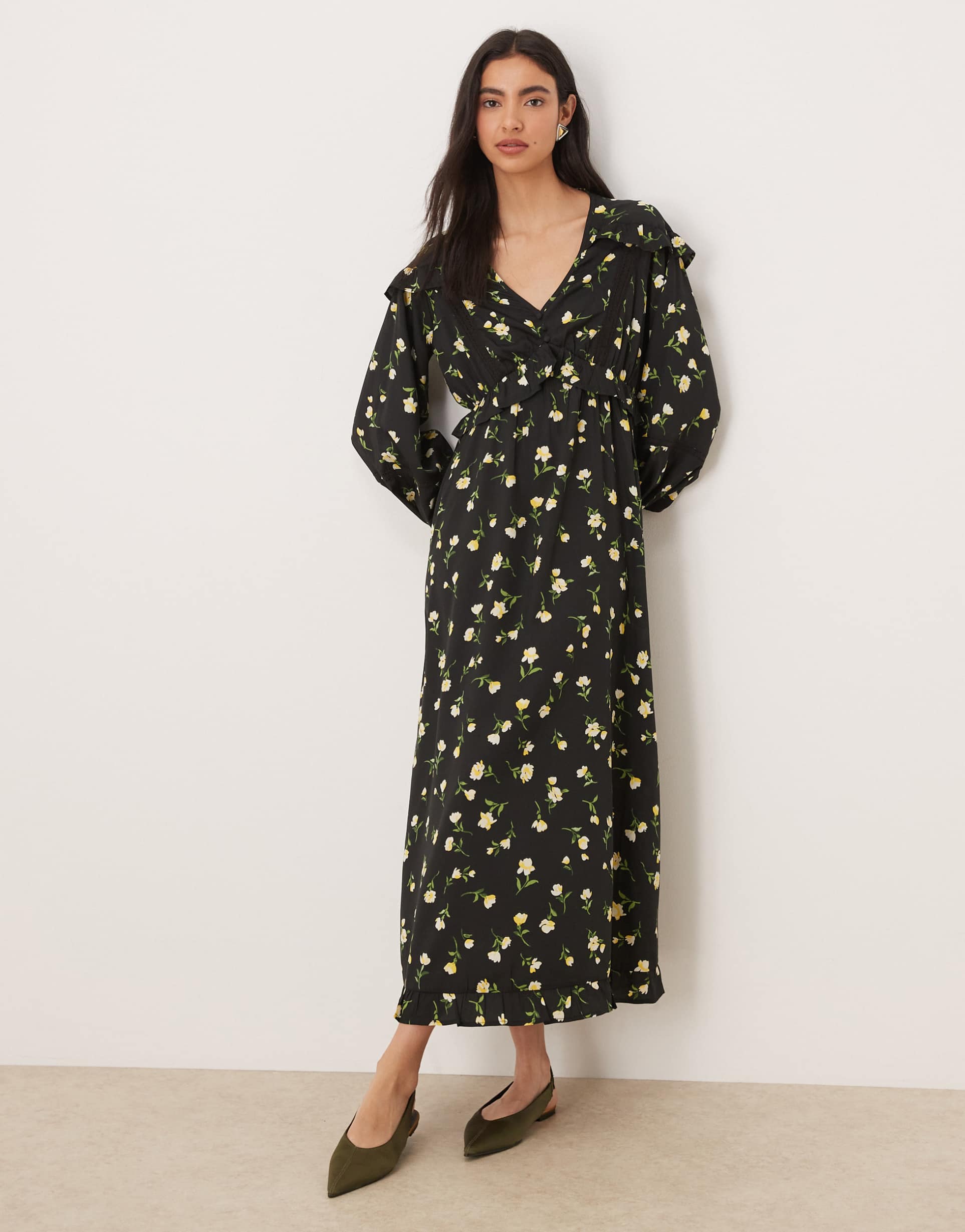 wednesday's girl long sleeve delicate floral floaty midaxi dress in yellow
