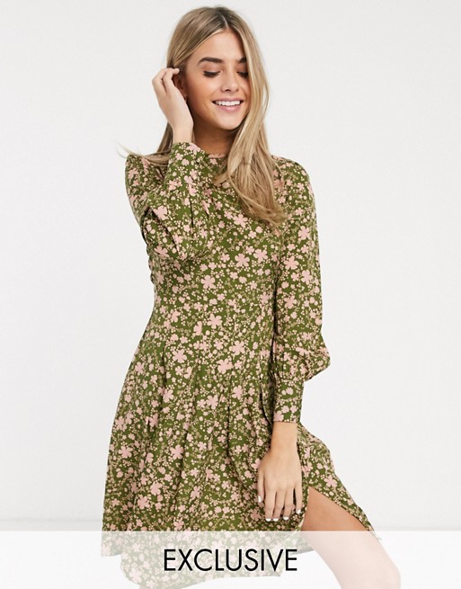 Wednesday's Girl long sleeve dress with pleated skirt in retro floral
