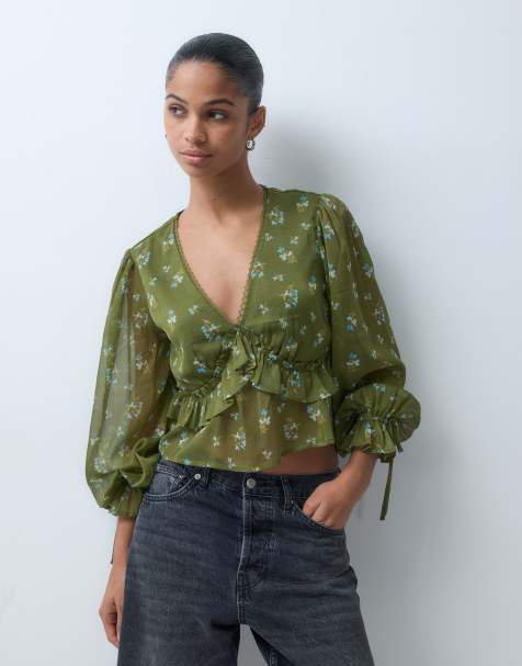 Wednesday's Girl long sleeve floaty blouse in khaki floral