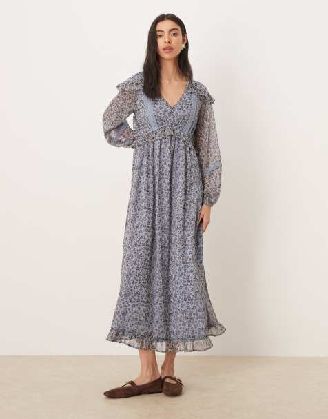 Wednesday's Girl long sleeve floaty ditsy print midaxi dress in blue brown - view 1