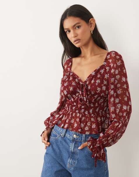 Wednesday's Girl long sleeve gathered blouse with tie detail in burgundy floral - view 1