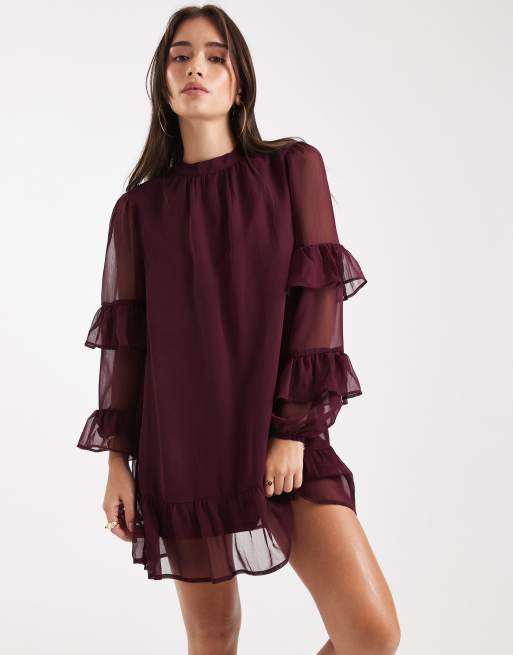 Wednesday's Girl long sleeve high neck ruffle detailed mini dress in fig