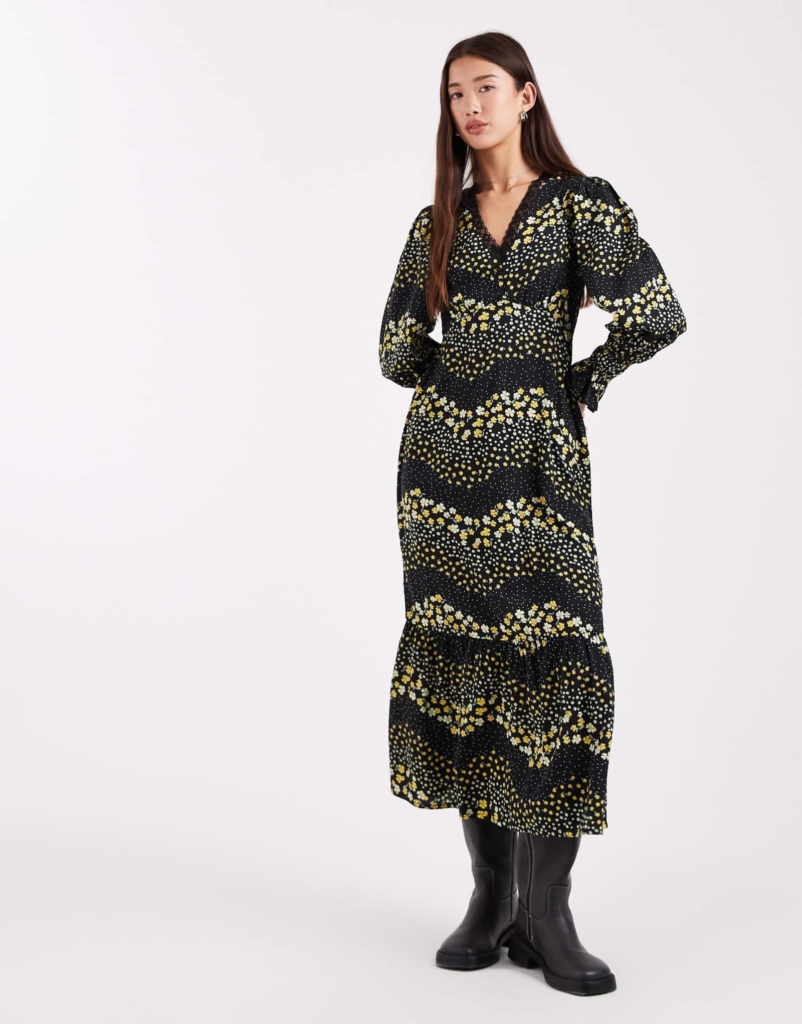 Платье мидакси с длинным рукавом для девочек Wednesday's Girl с желтым цветочным принтом 